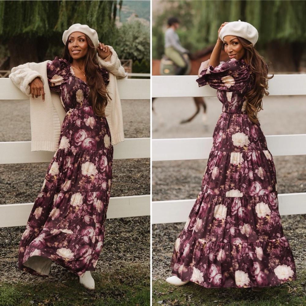 Ivy City Co Floral Maxi Dress in Purple and Cream